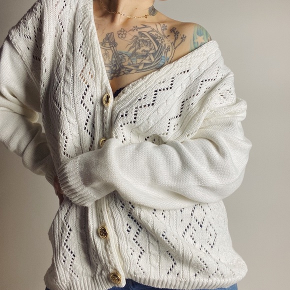 Vintage Sweaters - VINTAGE Ramie Cotton V Neck Gold Button Cardigan Sweater Womens Large